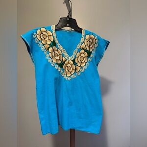 Turquoise Floral Embroidered V-Neck Women's Top